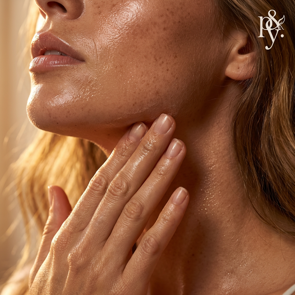 Close-up of a woman's face with hand on neck, highlighting skin texture, with a brand logo in the corner.